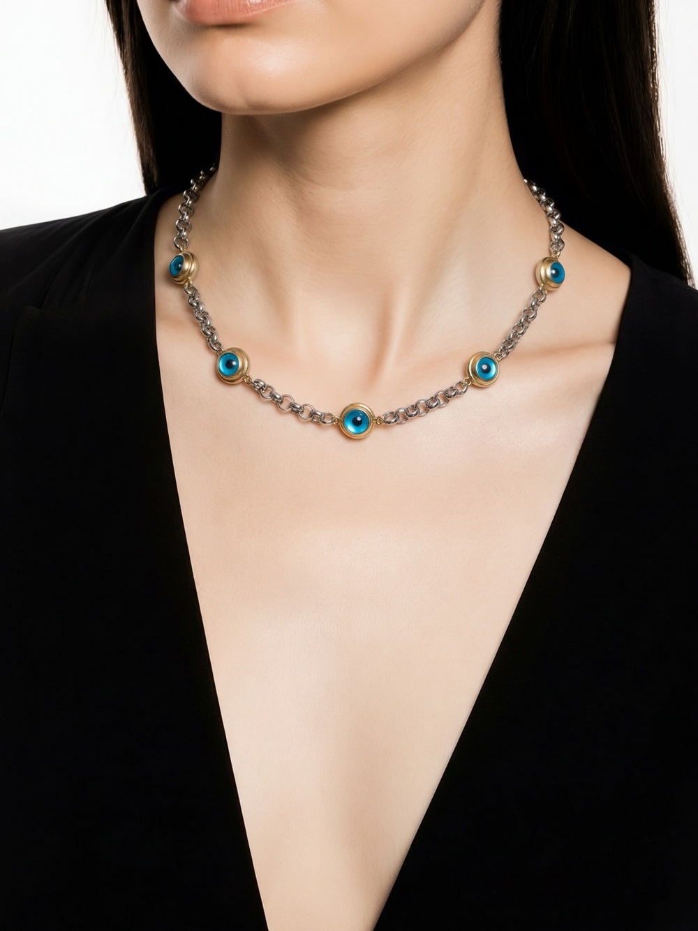 Stainless Steel evil eye two tone necklace